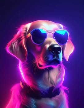 Cool golden retriever with sunglasses in a pink blue neon glow