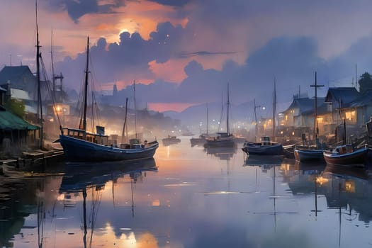 Watercolor painting of small harbour town with fishing boats in the fog in the twilight