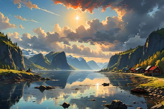 Watercolor painting of a fjord in Norway..