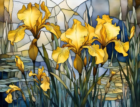 Watercolor with a stained glass effect of yellow irises in a pond