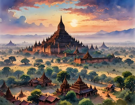 Watercolor painting of Bagan, Myanmar at dawn