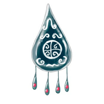 Watercolor earring. Kazakh jewelry element made of silver with glaze. Hand drawn isolated on white background clip art. Ideal for designing cards, posters, shopping bags. High quality illustration