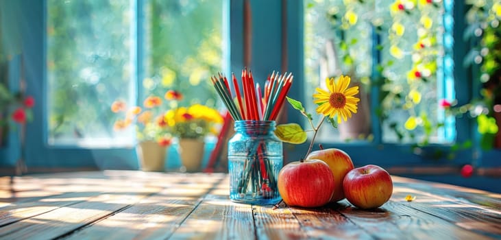 Back to school concept. Sunlit classroom with a jar of pencils on a wooden table, surrounded by lush greenery and soft, glowing lights, creating an inspiring study space.