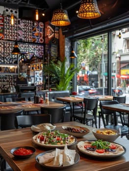 A shawarma wrap alongside a fresh salad, presented on a white plate with a variety of dips. The wrap is loaded with meat and vegetables, ready for a healthy meal