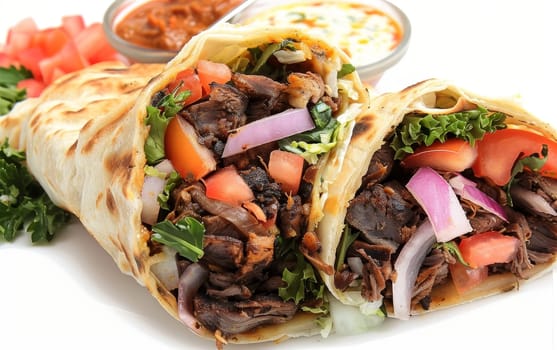 Hearty shawarma wrap cut in half, served with tomato and sauce sides on a white background. The wrap's filling is abundant, offering a rich taste experience