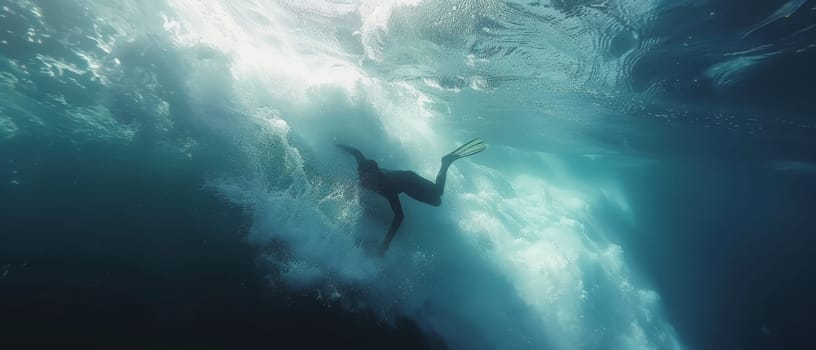 A freediver plunges into the deep blue, flippers aiding his descent. The surrounding water is a gradient of light to dark, symbolizing the ocean's depths