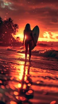 A surfer walks along the shore, the sunset casting a crimson glow across the ocean mist. The atmosphere is charged with the day's final energy