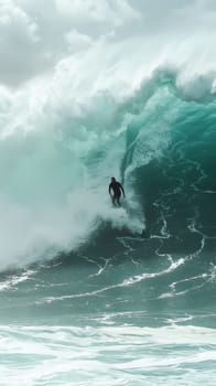 In a striking display of harmony, a surfer rides a turquoise swell, their silhouette a poetic contrast to the wave's sculptural form