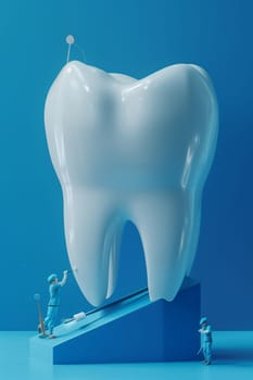 Two miniature figures wearing blue scrubs paint a large, white tooth on a blue podium.