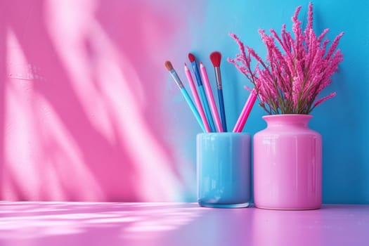 A colorful and artistic back-to-school scene featuring pink and blue stationary, pencils, and brushes in vibrant vases, symbolizing creativity and learning.