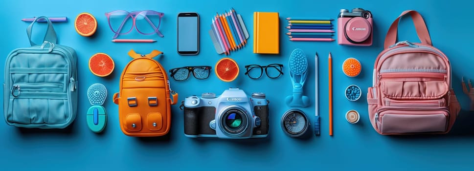 Vibrant school supplies, backpacks, and gadgets neatly arranged on a blue background, showcasing a colorful and organized start to the new school yea