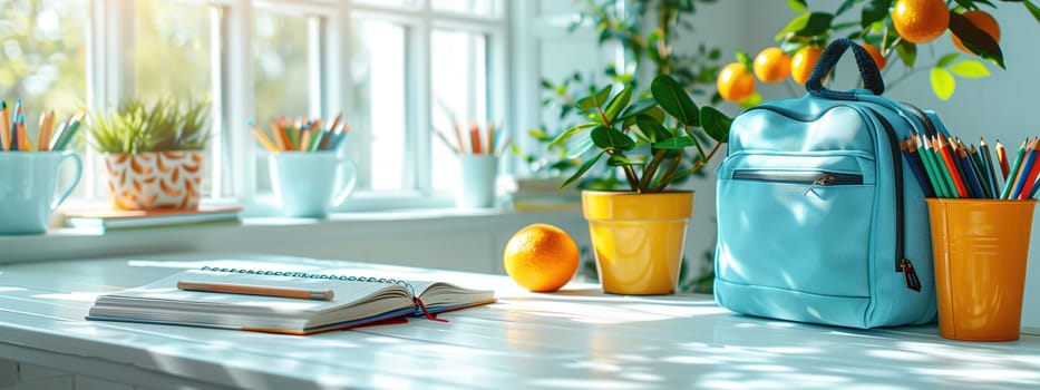 Bright and cheerful study space with a blue backpack, colorful pencils, and potted plants, perfect for a productive and organized back-to-school season