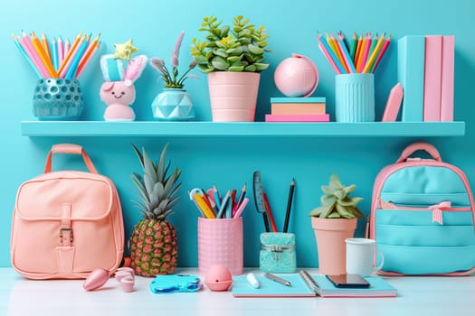 A colorful and organized study desk with school supplies and plants, perfect for a productive and creative back-to-school environment