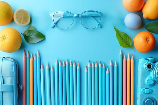 A bright and colorful arrangement of school supplies, pencils, and fruits on a blue background, symbolizing creativity and back-to-school vibes