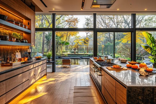 Contemporary kitchen with floor-to-ceiling windows showcasing a beautiful autumn garden, representing modern elegance and a seamless indoor-outdoor connection