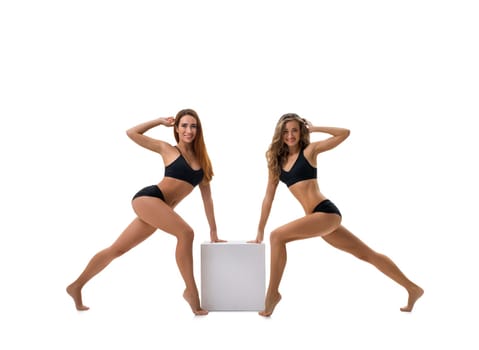 Pretty girls in black tops and shorts posing together by the cube studio shot
