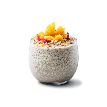 Coconut chia pudding creamy white base topped with tropical fruits with a shower of toasted. Food isolated on transparent background.