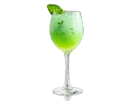 Melon soda in a tulip glass melon balls and mint leaves soft green splash in. Drink isolated on transparent background.