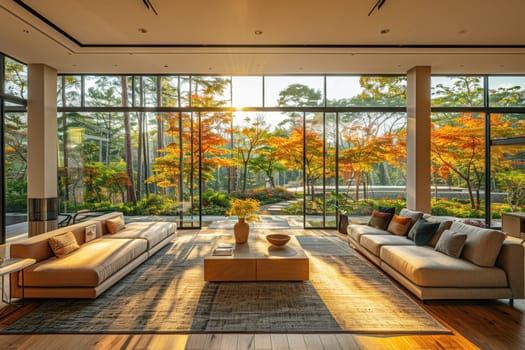 Modern living room with large windows showcasing a beautiful autumn garden, representing luxury and a seamless connection with nature.
