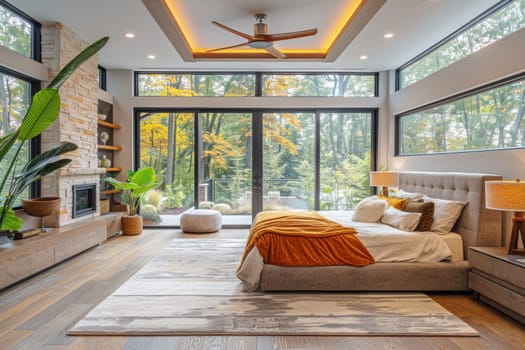 Modern bedroom with large windows showcasing an autumn forest, representing comfort, nature integration, and a luxurious living space.
