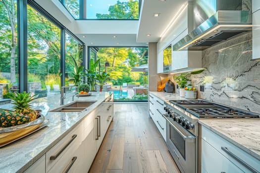 Bright modern kitchen with large glass walls showcasing a lush green outdoor view, blending contemporary design with nature's tranquility.