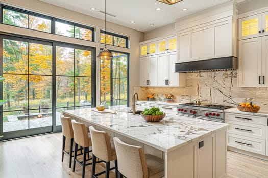 Bright modern kitchen with large windows showcasing a beautiful autumn landscape, blending indoor elegance with the vibrant colors of nature