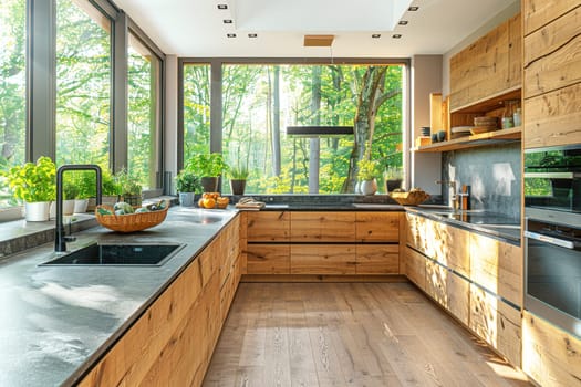 Modern kitchen with large windows showcasing a lush green forest, blending rustic wooden elements with contemporary design for a harmonious look
