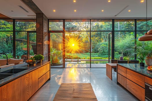 Sunlit modern kitchen with large windows showcasing a beautiful garden view, blending natural elements with sleek design for a serene cooking space