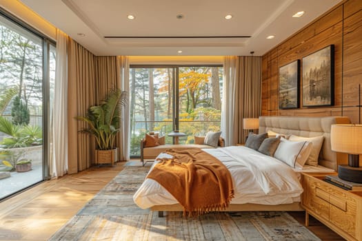 Cozy bedroom with large windows showcasing a vibrant autumn view, blending natural warmth and modern design for a serene and inviting retreat