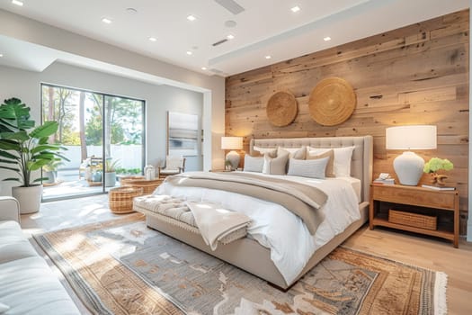 Bright and airy bedroom with natural light, combining rustic wood accents and modern decor for a cozy and inviting space that feels like home