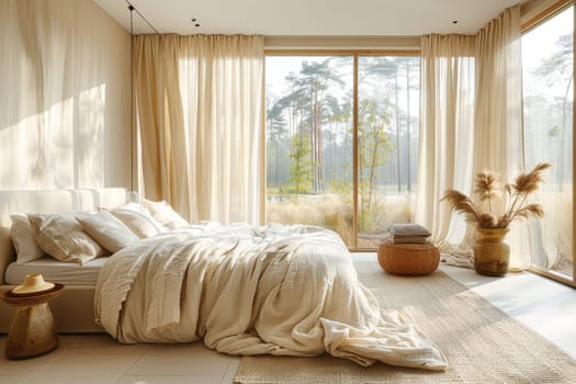 Serene bedroom with soft natural light, beige decor, and large windows showcasing an outdoor view, perfect for a cozy and inviting atmosphere