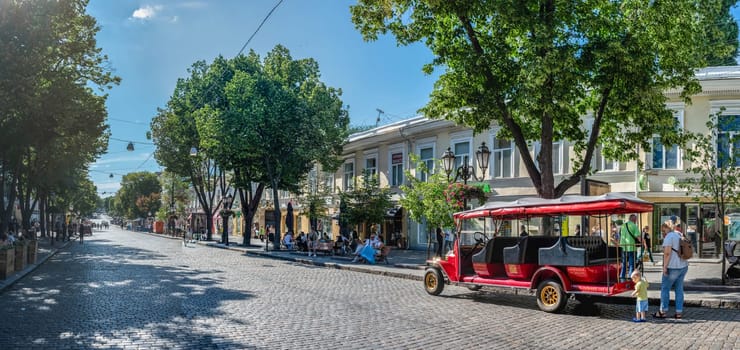 Odessa, Ukraine 25.07.2023. Historic buildings on the Deribasovskaya street in Odessa, Ukraine, on a sunny summer day