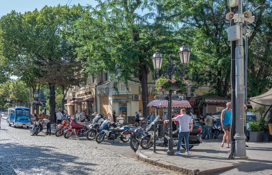 Odessa, Ukraine 25.07.2023. Historic buildings on the Deribasovskaya street in Odessa, Ukraine, on a sunny summer day