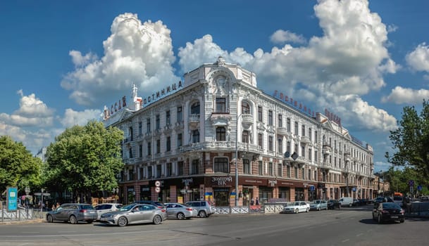 Odessa, Ukraine 09.07.2023. Historic building of the Passage hotel on the Deribasovskaya street in Odessa, Ukraine, on a sunny summer day