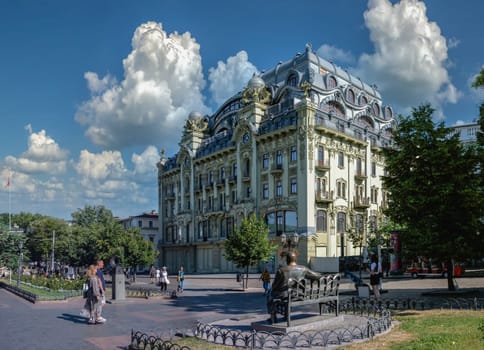 Odessa, Ukraine 09.07.2023. Historic building of the Bolshaya Moskovskaya Hotel on the Deribasovskaya street in Odessa, Ukraine, on a sunny summer day