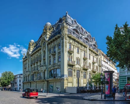 Odessa, Ukraine 09.07.2023. Historic building of the Bolshaya Moskovskaya Hotel on the Deribasovskaya street in Odessa, Ukraine, on a sunny summer day