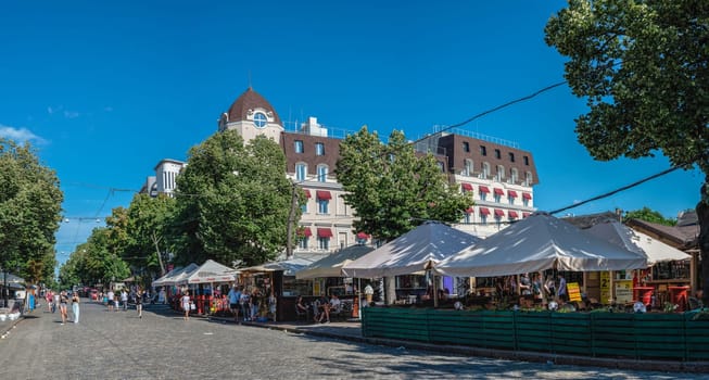 Odessa, Ukraine 25.07.2023. Historic buildings on the Deribasovskaya street in Odessa, Ukraine, on a sunny summer day