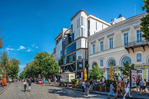 Odessa, Ukraine 25.07.2023. Historic buildings on the Deribasovskaya street in Odessa, Ukraine, on a sunny summer day