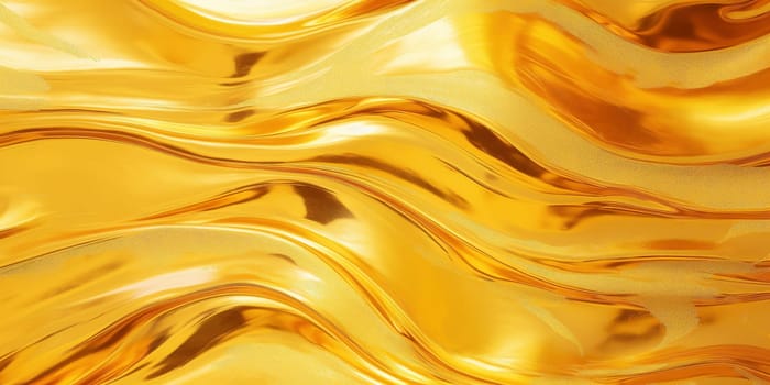 Golden fluid background. Liquid yellow metal wallpaper. Glamour swirl gold texture. 3d wavy flow abstraction