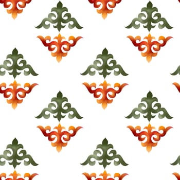 Kazakh pattern seamless watercolor. Ornament with patterns. Hand drawn illustration on white background of Asian elements. For printing on fabrics and packaging paper for Nauryz. High quality illustration