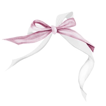 Watercolor bow. Knotted thin ribbon in vintage style. Clip art isolated on white background in coquette and shabby chic style. For designing cards and invitations for weddings and Valentine's Day. High quality photo