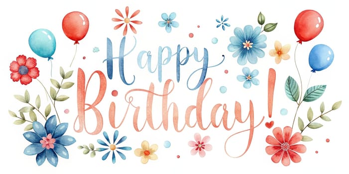 Text "Happy Birthday!" with calligraphy style and with little pastel red and blue illustrated flowers and balloons isolated on white background.
