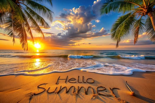 A Warm "Hello Summer" Message Written on the Beach Accompanied by the Waves. A Warm "Hello Summer" Message Written on the Beach with the Whisper of the Waves on the Seashore. Summer seascape at sunset.