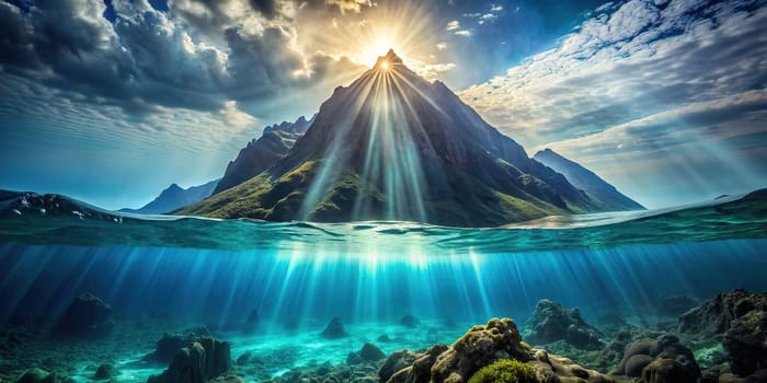 Underwater view of a mountain in the ocean.a deep underwater view of a massive mountain peak. The sunlight filters down through the water, creating shafts of light that illuminate particles floating in the water column.