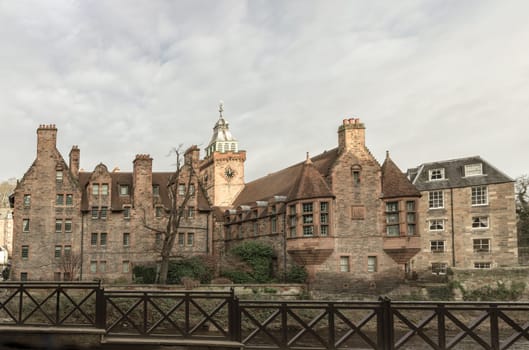Edinburgh, Scotland - Jan 16, 2024 - Well Court is a traditional old Tenement building in Dean Village which sits along the banks of the Water of Leith. Space for text, Selective focus.