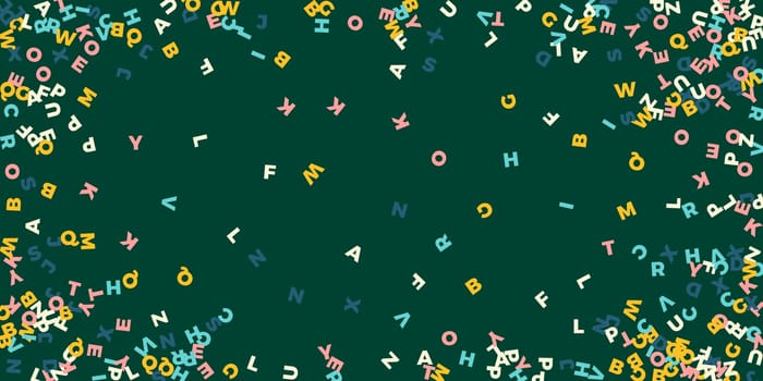 Flying latin letters. Colorful childish scattered charachters of English alphabet. Foreign languages study concept. Back to school banner .