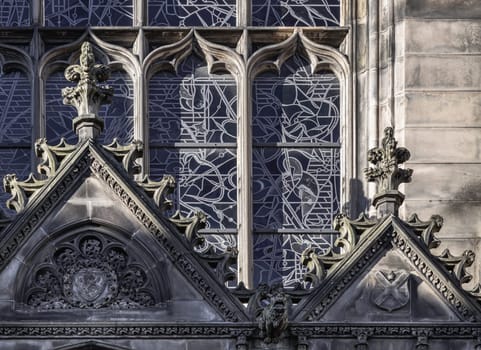 Edinburgh, Scotland - Jan 18, 2024 - Architectural exterior detail of St Giles' Cathedral or the High Kirk of Edinburgh in gothic style. Space for text, Selective focus.