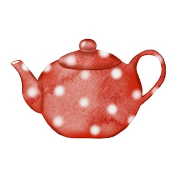 Teapot watercolor. Cute hand drawn red teapot with white polka dots. Clip art isolated on white background of porcelain teaware. Ideal for Russian restaurant menus, children's educational cards and kitchenware store tags. High quality photo