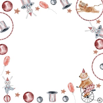 Cute circus watercolor. Frame with hand-drawn cartoon animals. Clip art isolated on white background of a bear on a bicycle, an acrobat bunny and a tiger cub. Ideal for invitations and cards for baby showers and children's parties. High quality illustration