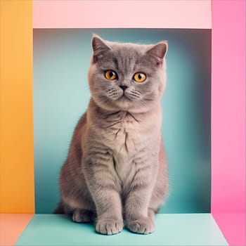 Adorable grey British Shorthair kitten in colorful studio portrait with pastel background